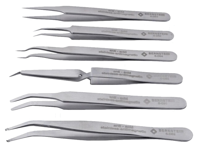 Set: pincetten; voor precisiewerk; 6st. Set: pincetten; voor precisiewerk; 6st.